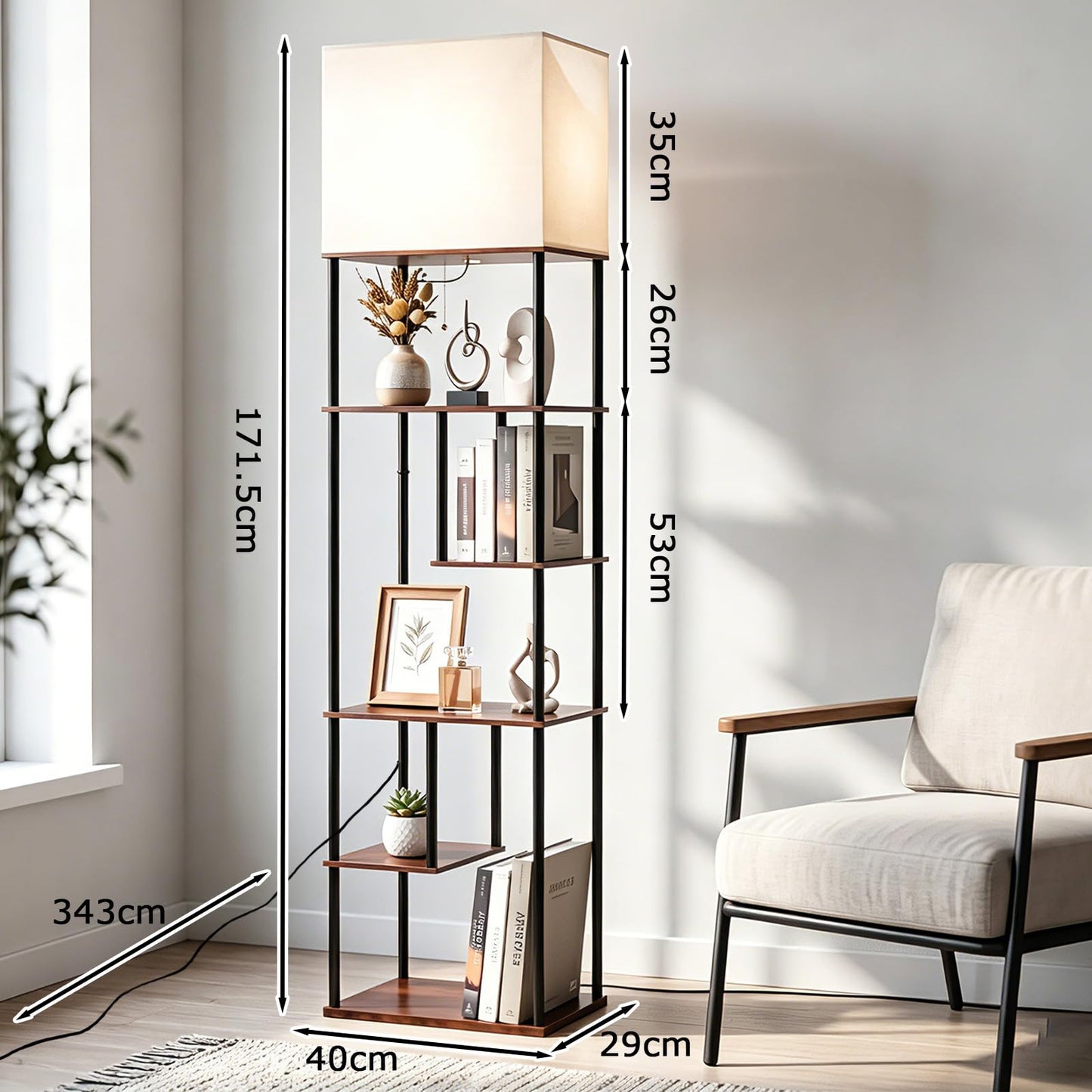 Floor Lamp with Shelves, 5-Tier Tall Standing Lamp with Linen Fabric Shade