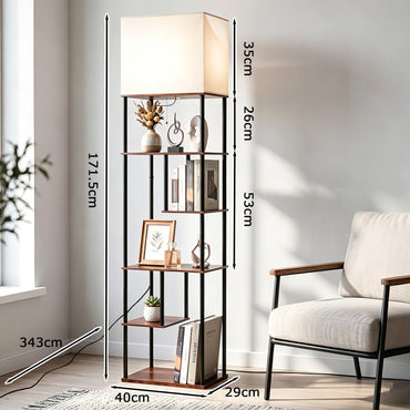 Floor Lamp with Shelves, 5-Tier Tall Standing Lamp with Linen Fabric Shade