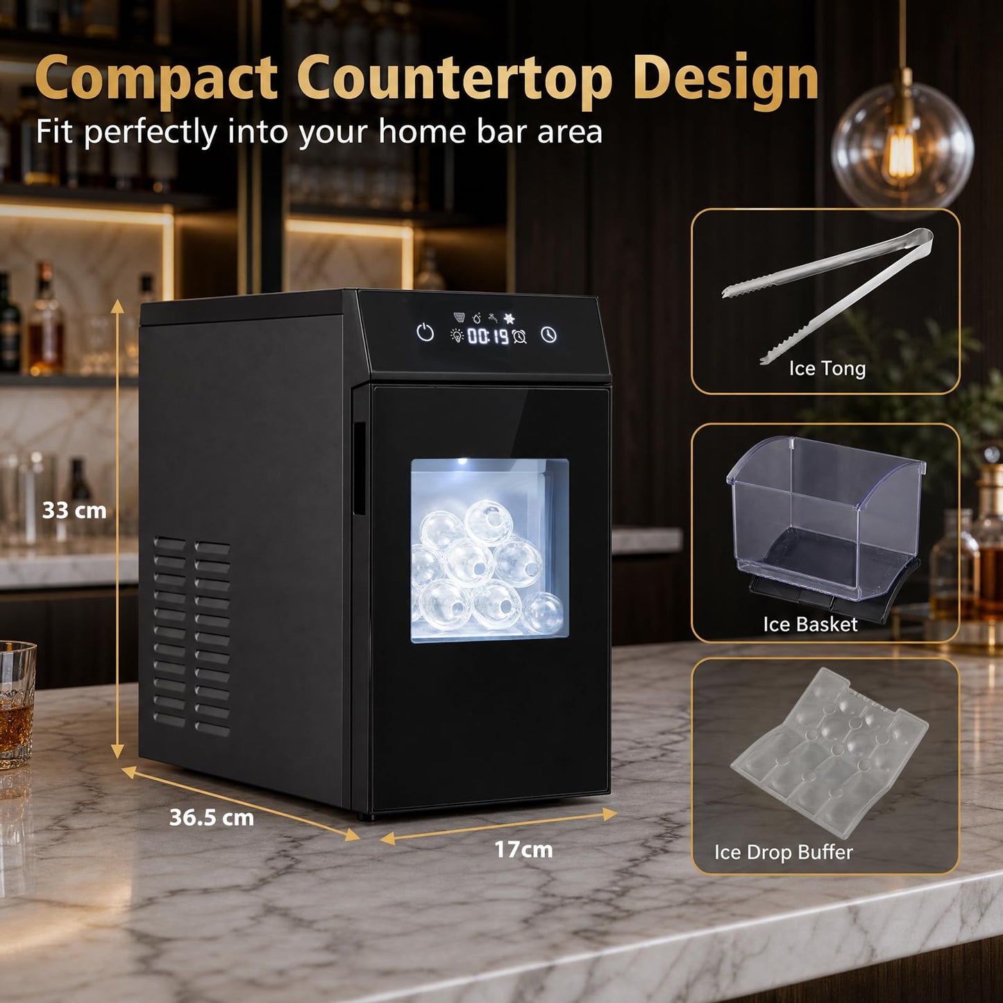 5 cm Ice Ball Maker with Self-Cleaning and 8H Timer for Whiskey Bourbon