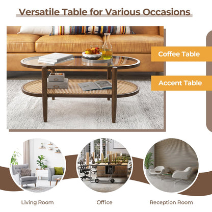 Tempered Glass Cocktail Snack Tea Center Table with PE Rattan Storage Shelf