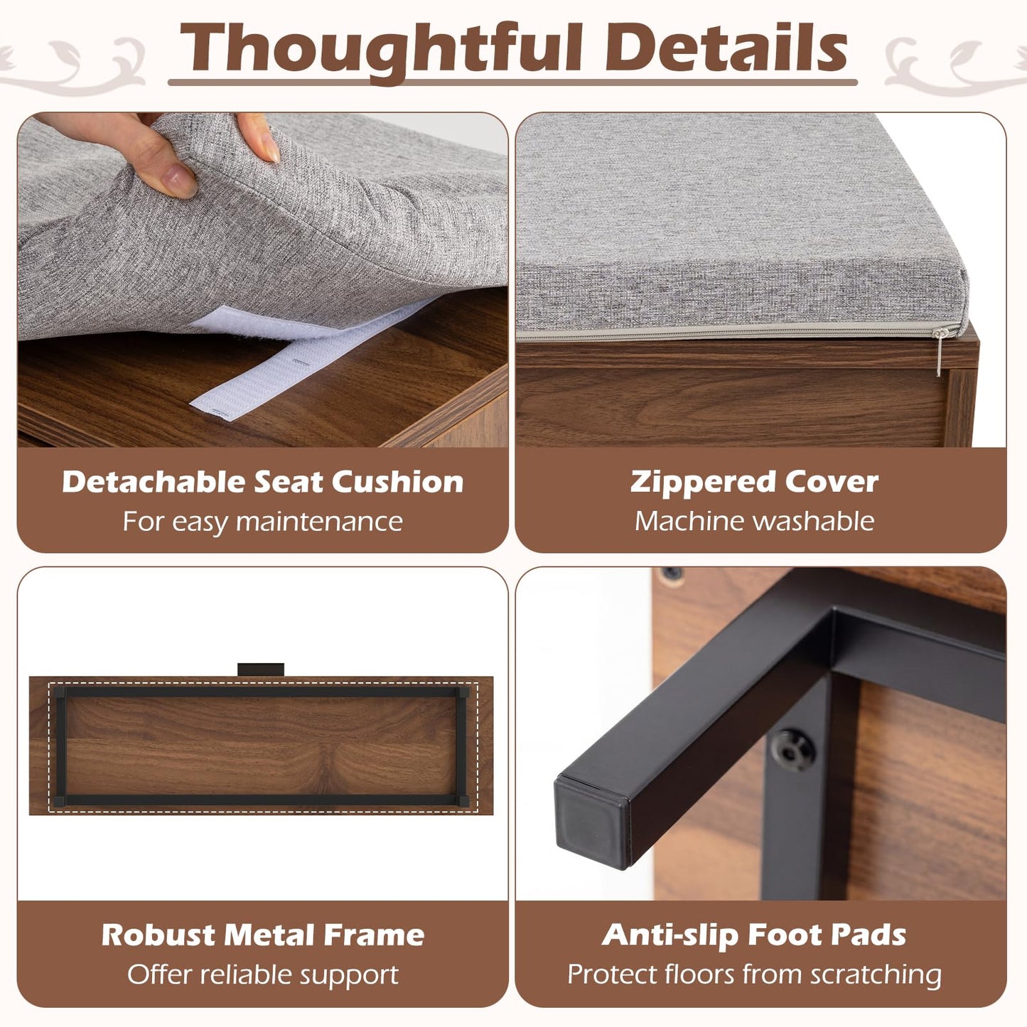 Shoe Storage Bench with Cushion and Flip-Down Rattan Door, Brow