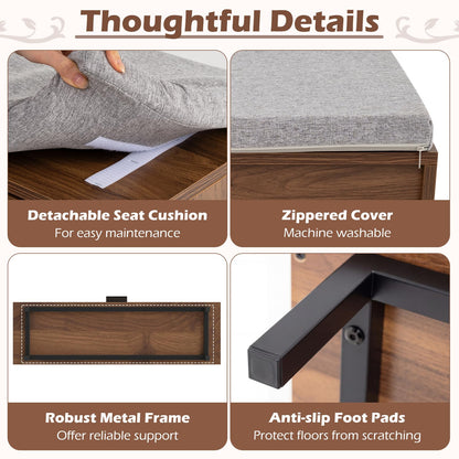 Shoe Storage Bench with Cushion and Flip-Down Rattan Door, Brow