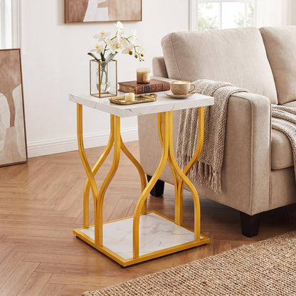 2-Tier Sofa Side Table, Faux Marble End Table with Storage Shelf