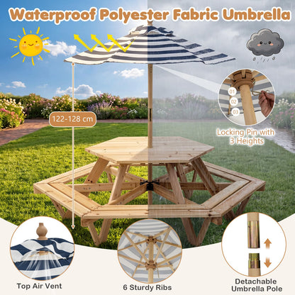 6 Seat Kids Picnic Bench Set with Removable Adjustable Umbrella
