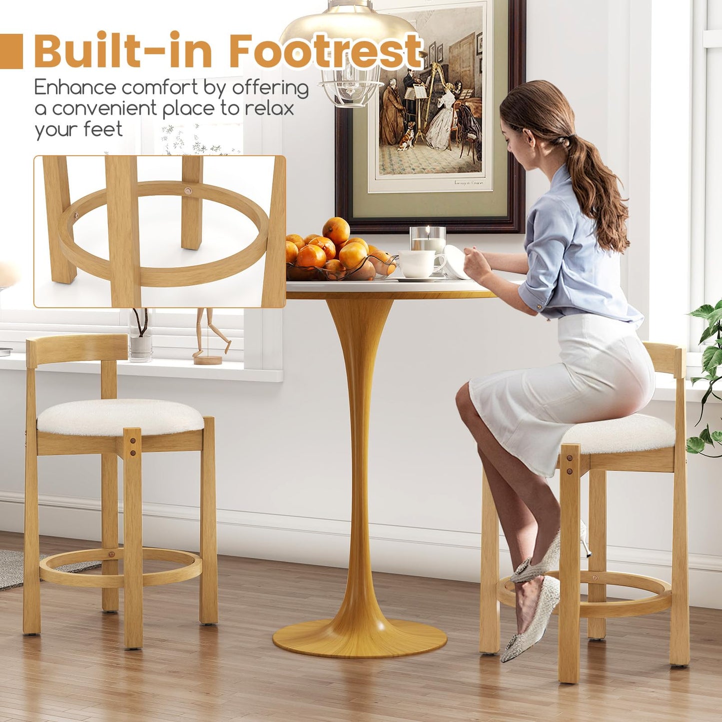 62CM Teddy Velvet Upholstered Bar Chairs Set of 2 with Backrests and Footrests