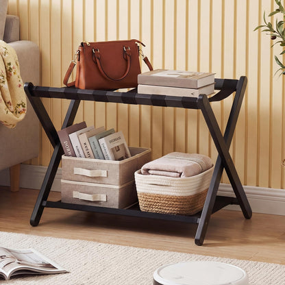 Folding Luggage Rack, Solid Rubber Wood Suitcase Stand with Storage Shelf