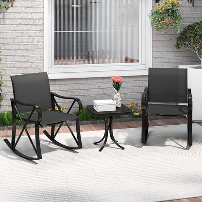 3-Piece Patio Metal Frame Rocking Bistro Set with Tempered Glass-Top Side Table