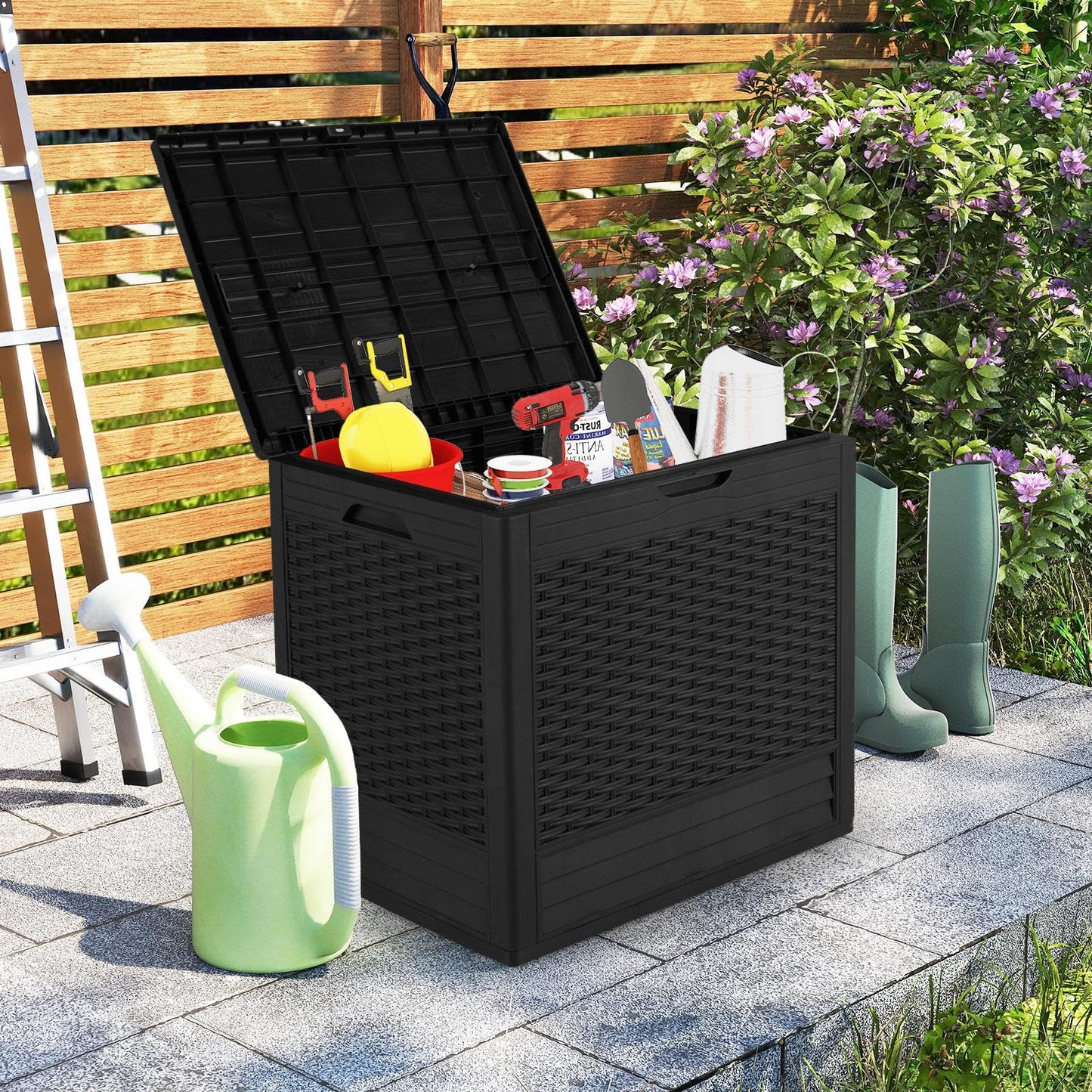 96 L Outdoor Storage Box with Rattan Patterns and Lockable Lid