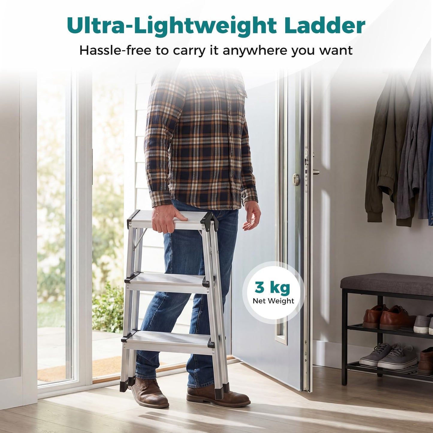 Dual-Sided 3 Step Ladder, Aluminum Folding Step Stool