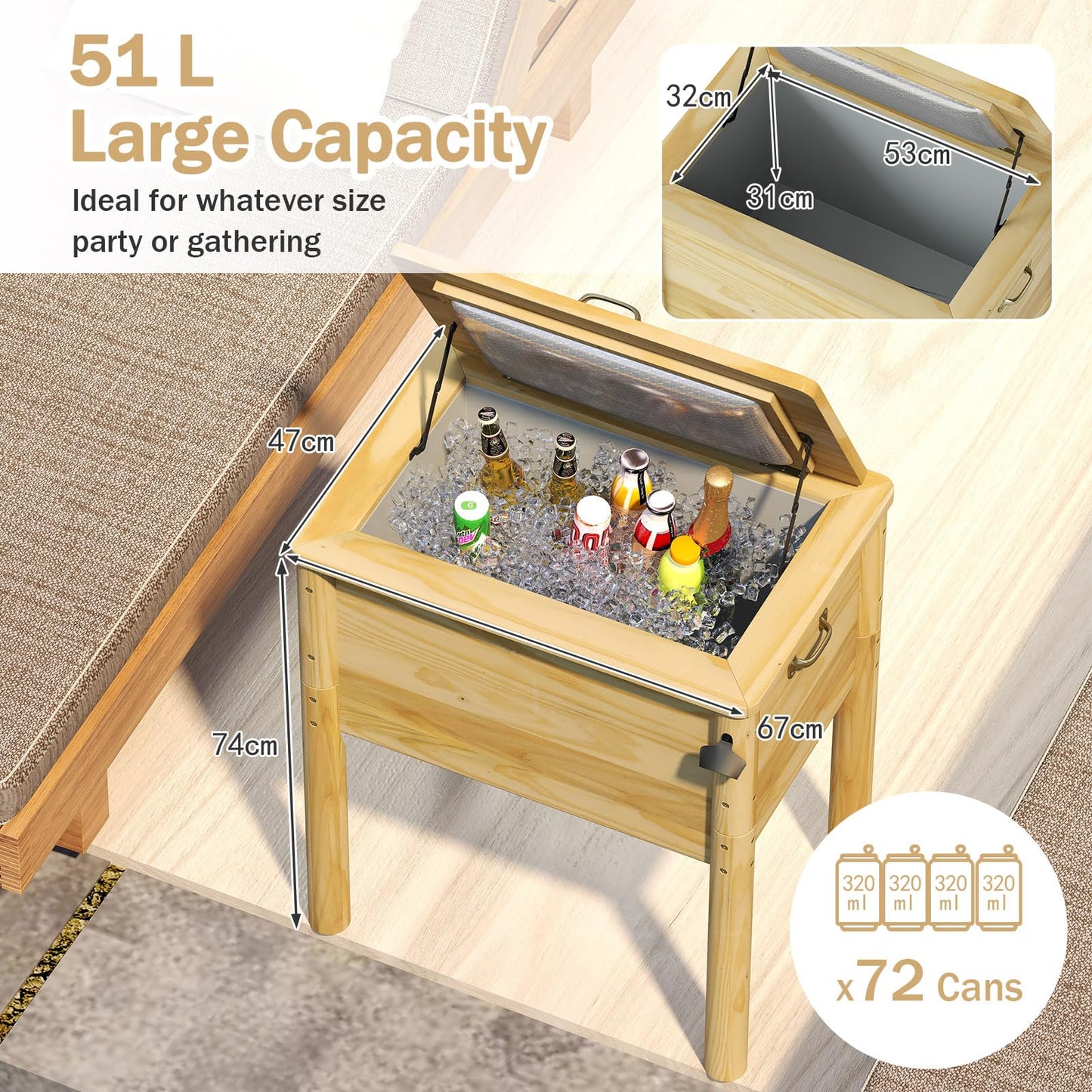 Giantex Wooden Patio Cooler 51L Outdoor Beverage Cooler with 3 Handles Drainage Cap