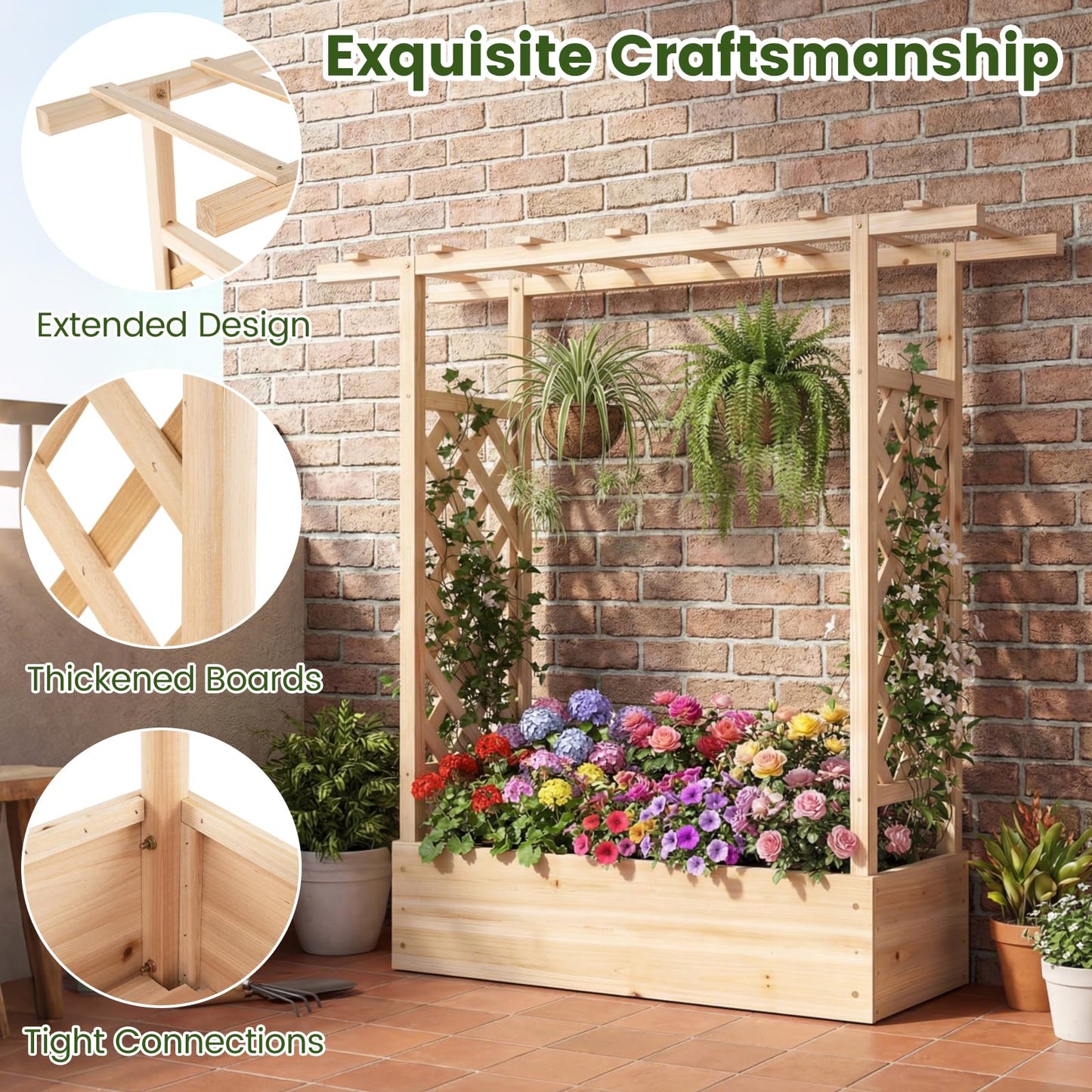Garden Planter with Trellis, Hanging Roof and Drainage Holes