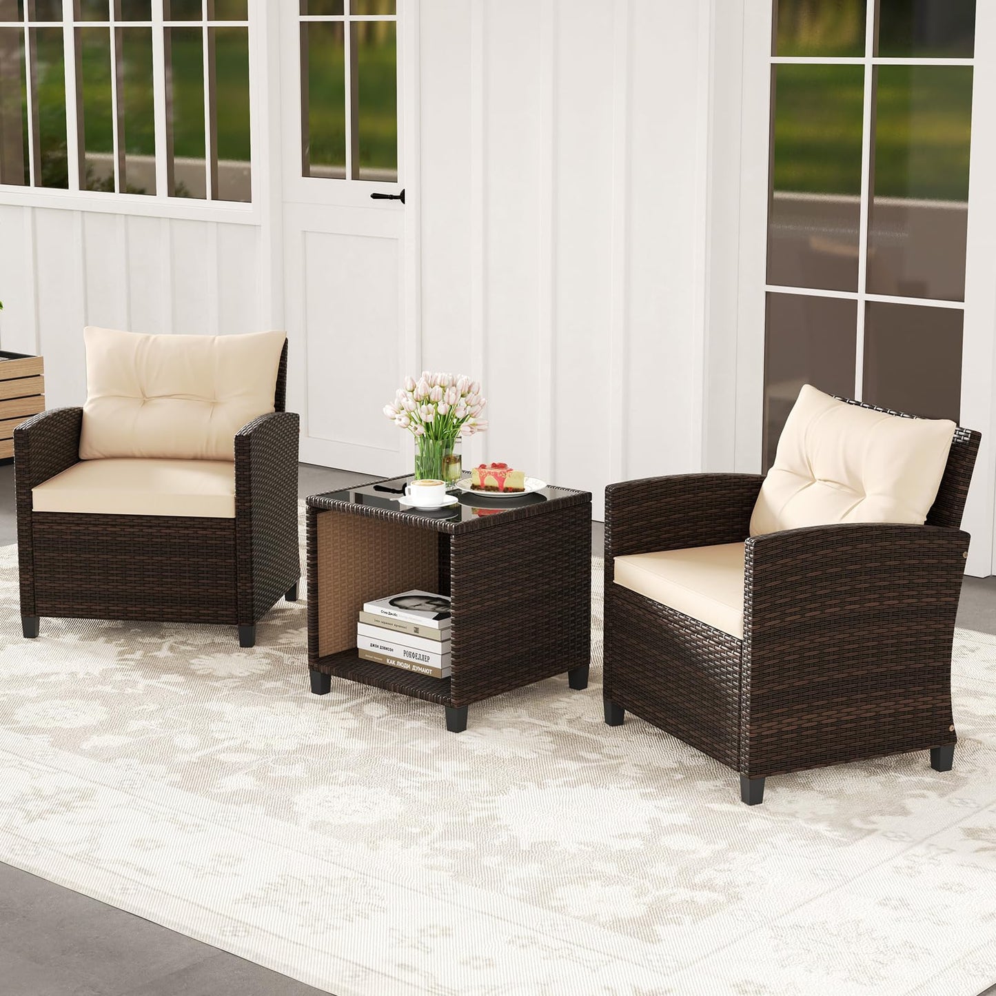 3 Piece Outdoor Patio Furniture Set with Glass Coffee Table and Storage Compartment