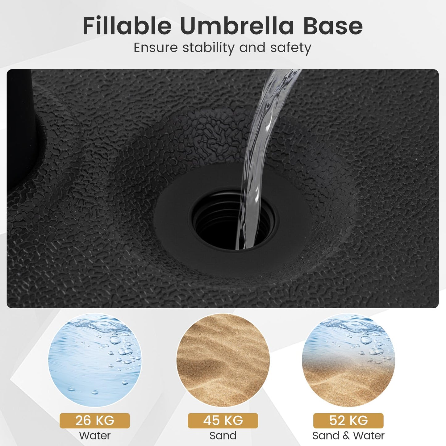 Round Parasol Base, 30kg Water and Sand Fillable Patio Umbrella Holder