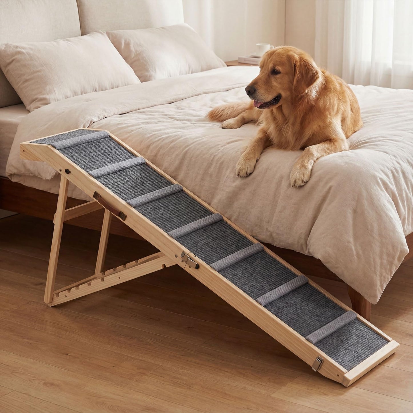 Wooden Pet Ramp, Foldable Dog Car Ladder with 6-level Adjustable Heights