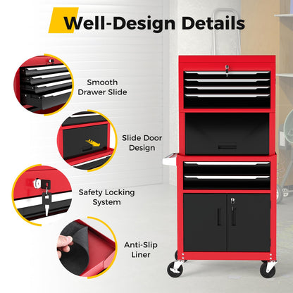 6 Drawer Rolling Tool Chest with Universal Wheels and Hooks
