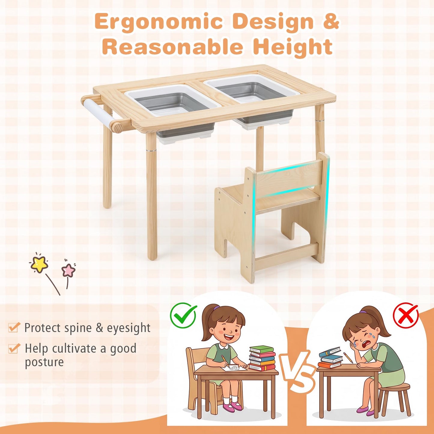 Sensory Table Set Kids Activity Table and Chair Set with Adjustable Height