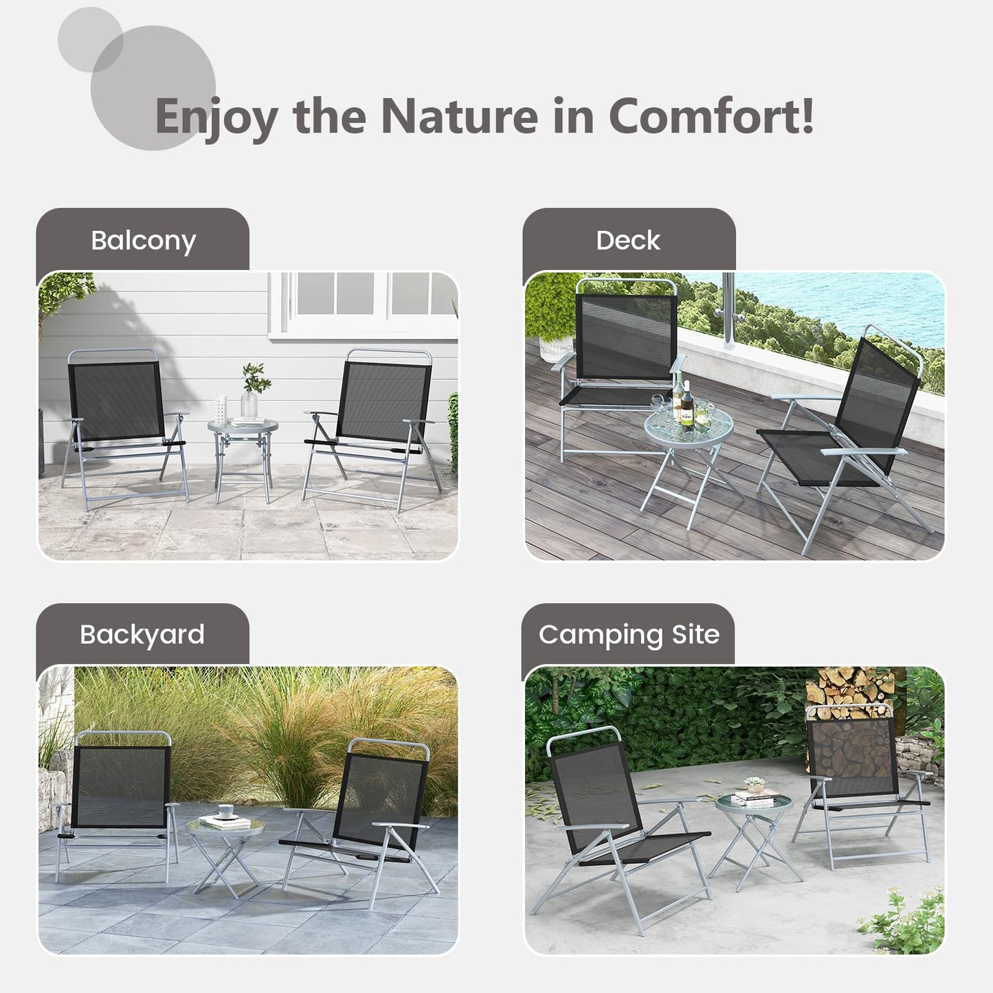 3PCS Garden Folding Chairs and Table Set with Ripple-like Glass Tabletop