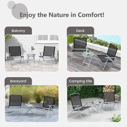 3PCS Garden Folding Chairs and Table Set with Ripple-like Glass Tabletop