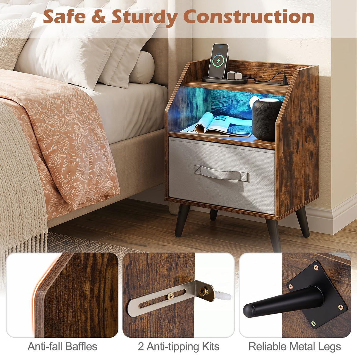 Bedside Table with Charging Station and LED Lights