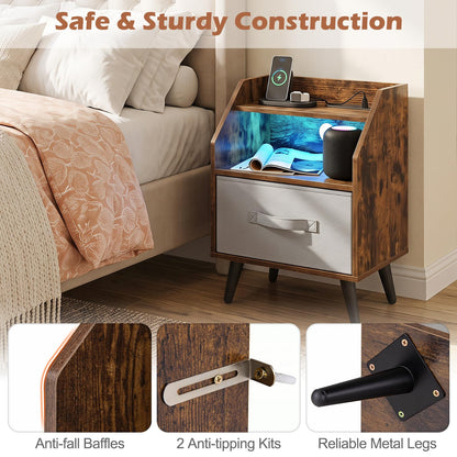 Bedside Table with Charging Station and LED Lights
