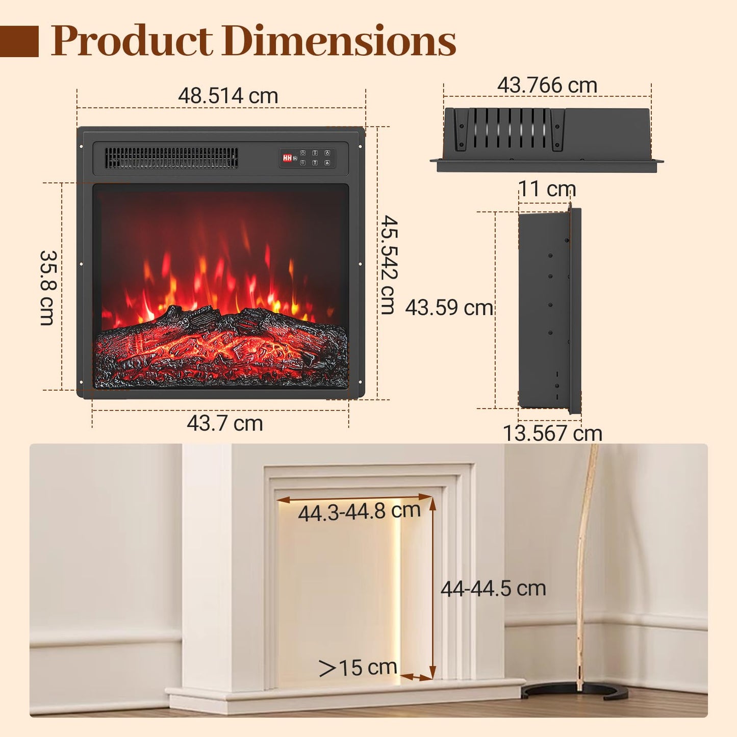 19”/48cm Electric Fireplace, Recessed Freestanding Fire Heater with 7 Flame Color