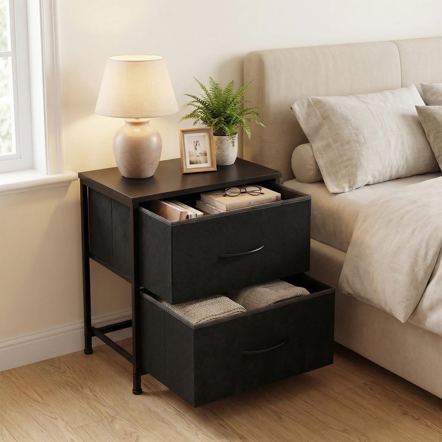 Nightstand Set of 2 End Table with Fabric Drawers for Bedroom