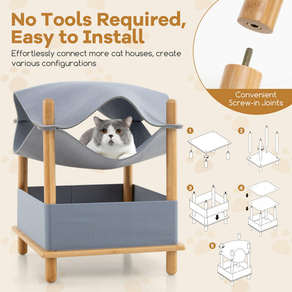 Elevated Cat Bed 2-tier Bamboo Frame Cat House with Dual-Layer Felt Fabric Top
