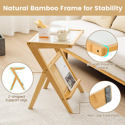 Bamboo Accent Bedside Table with Tempered Glass Top