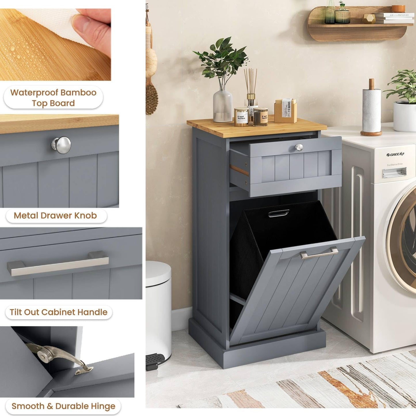 Laundry Cabinet with Basket Freestanding Tilt Out Laundry Hamper with Drawer