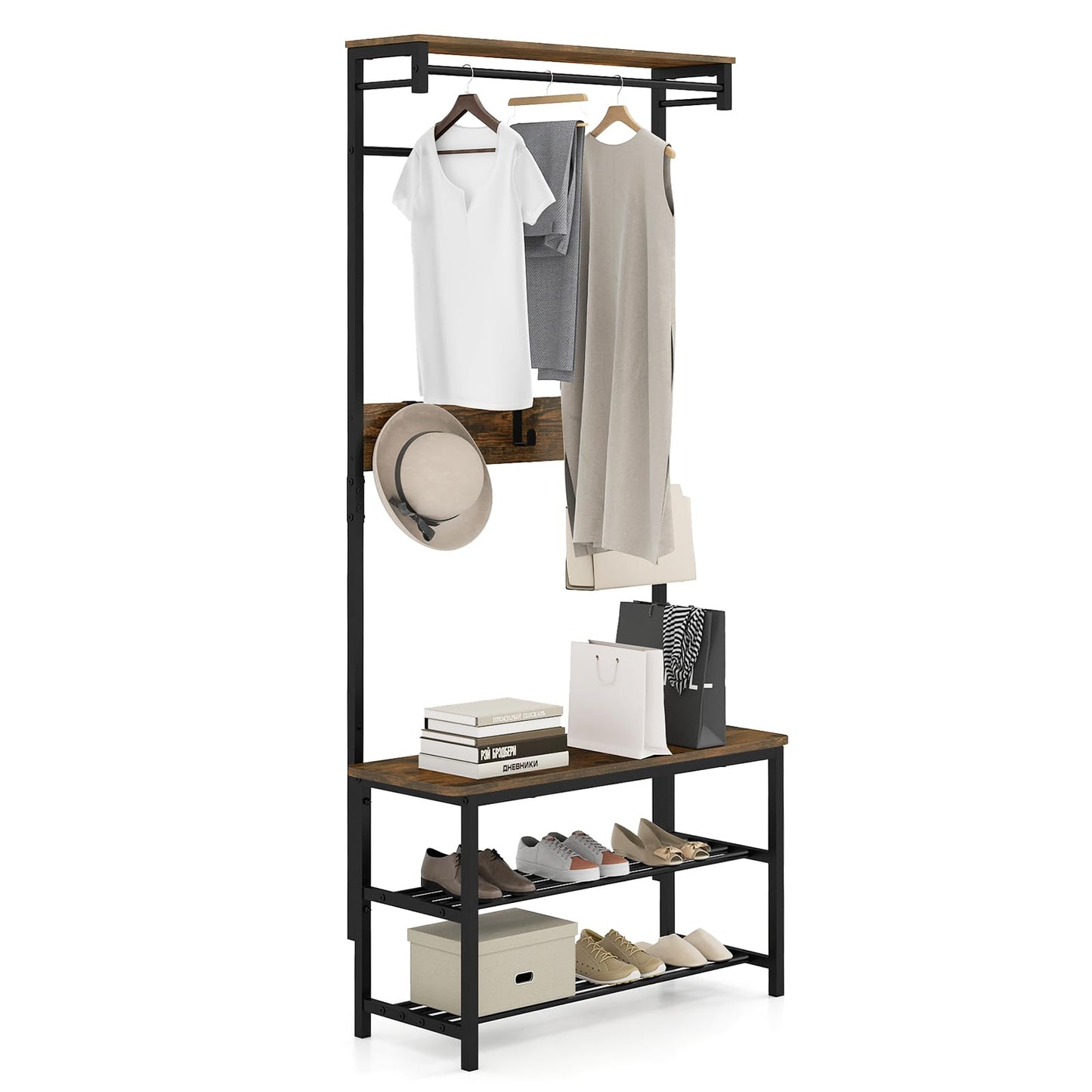 Hall Tree with Bench and Shoe Storage with Hanging Bars