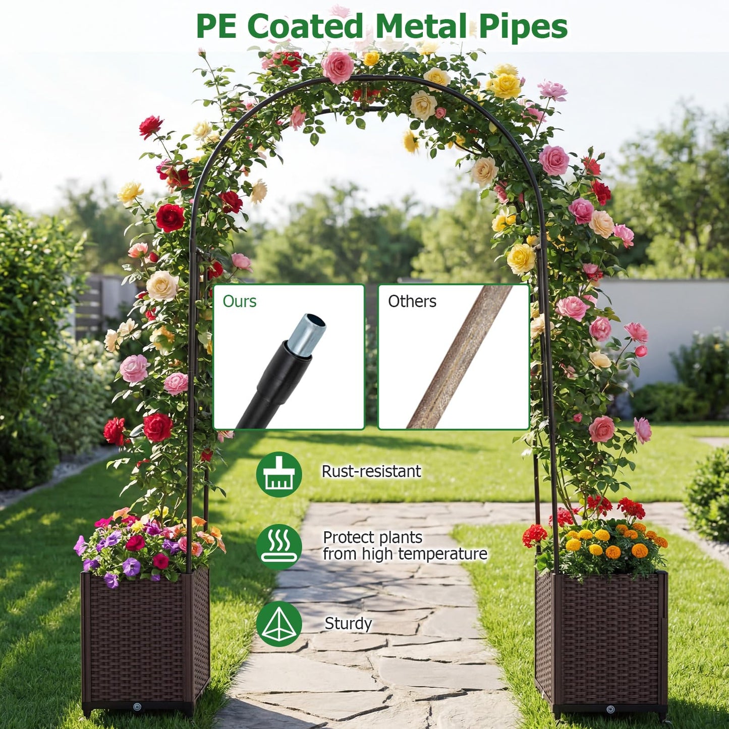 Garden Arch with Planter Box, 2M Metal Pergola Arbor Trellis with Self-Watering System