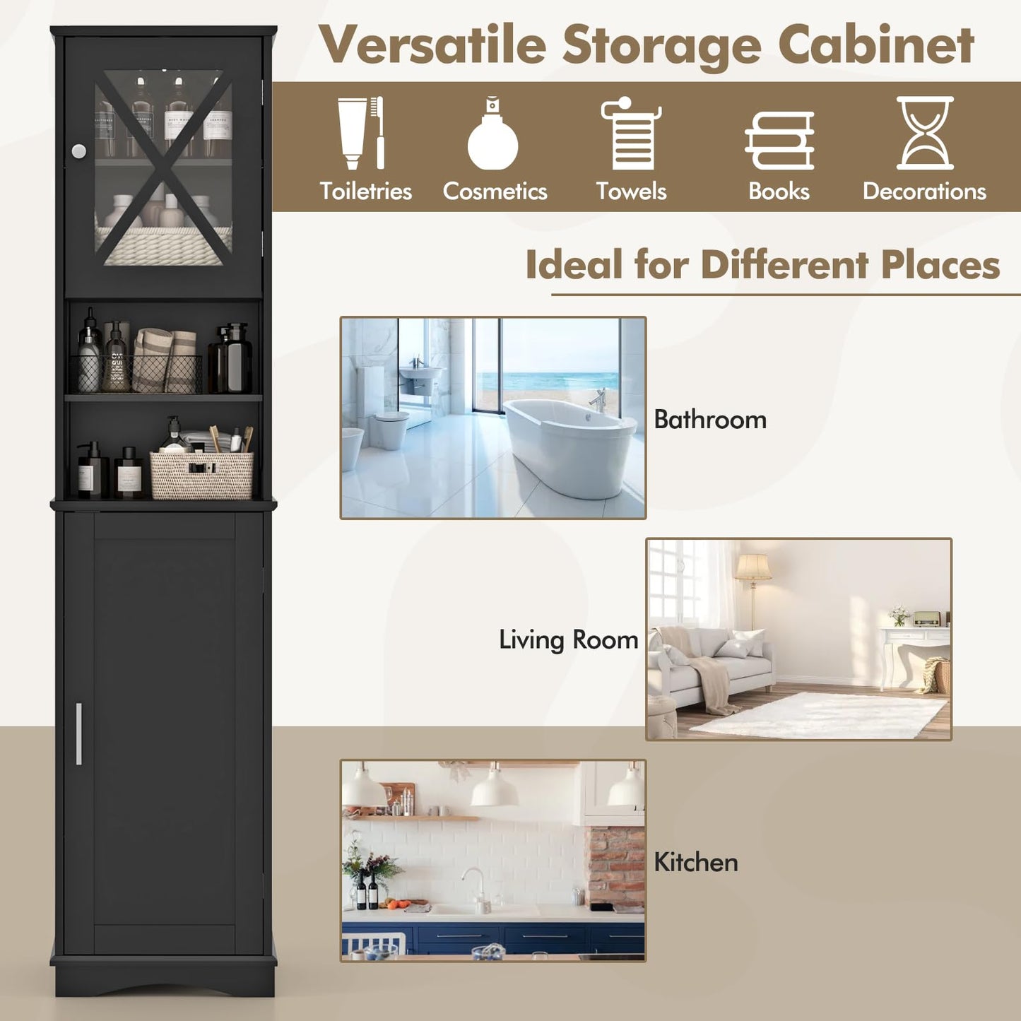 Freestanding Storage Cupboard with 5 Adjustable Shelves and 2 Doors