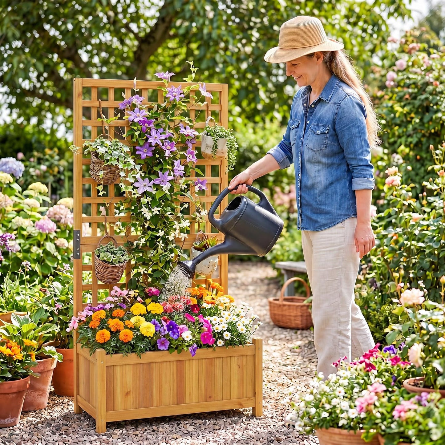 Raised Garden Bed with Trellis, Wooden Trough Planter