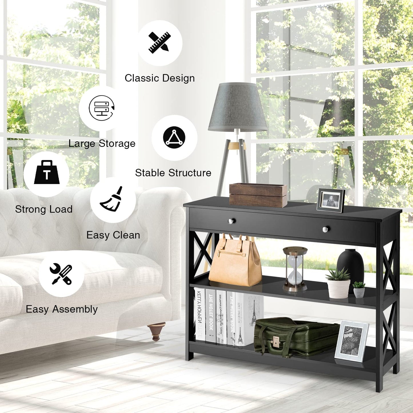 X-Shaped Sofa Side End Table with Drawer and 2 Storage Shelves