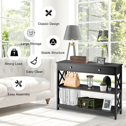 X-Shaped Sofa Side End Table with Drawer and 2 Storage Shelves