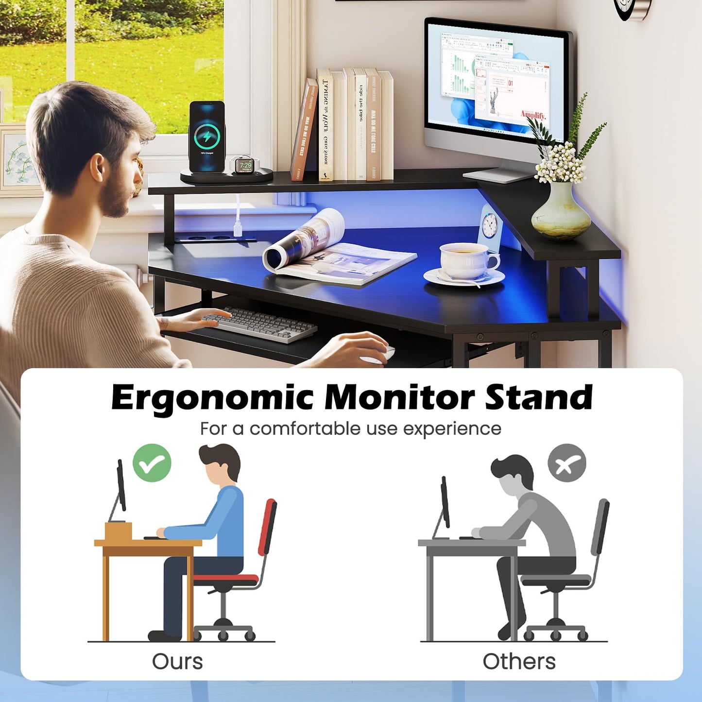 Computer Corner Desk with LED Charging Station and Monitor Stand