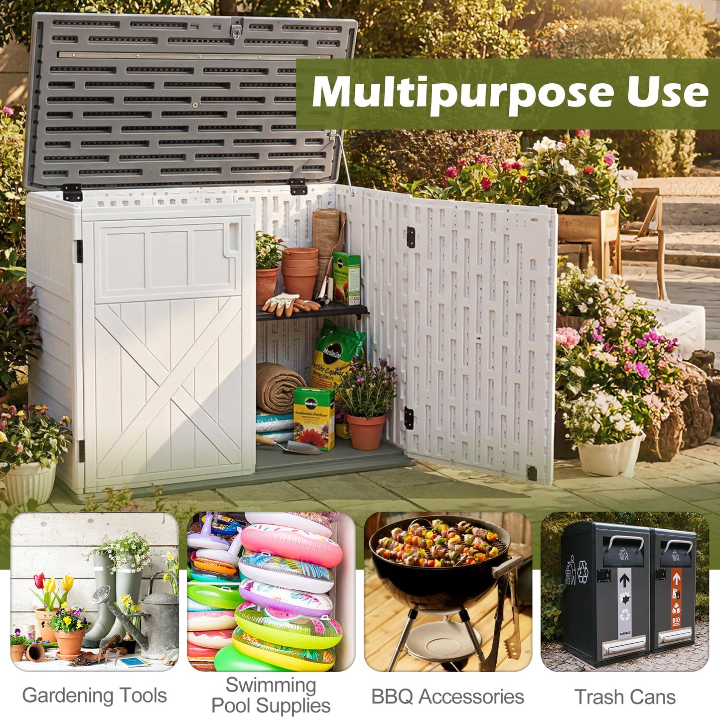 Outdoor Storage Box, All Weather Resistant Garden Shed with 3-Level Adjustable Shelf