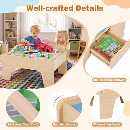 63-Piece Kids Train Table with Storage Drawer Reversible Tabletop and Train Tracks