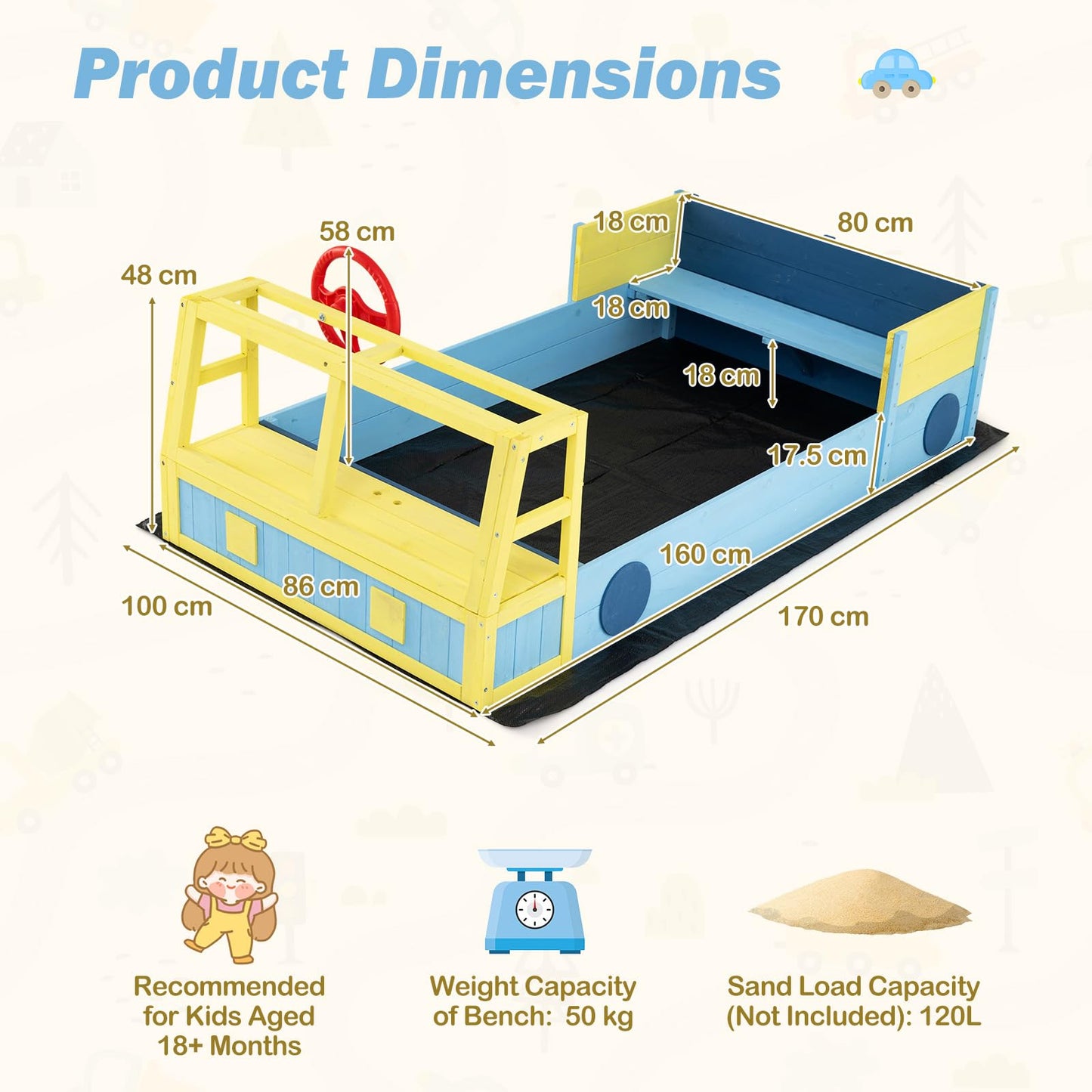 Kids Wooden Sandbox Large Car-Theme Sand Box with Bottom Liner Frame