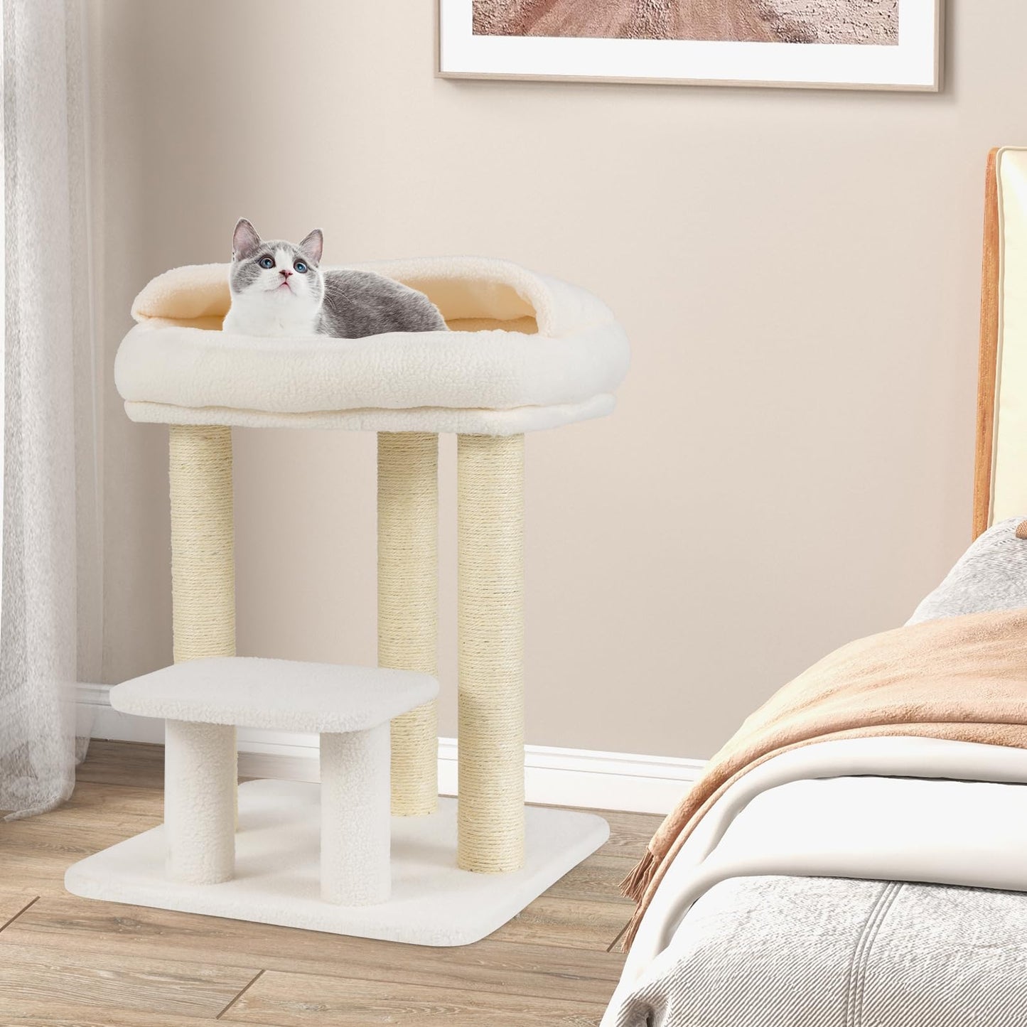 Cat Tree, 61cm Comfy Plush Top Perch Bed, Sisal Scratching Posts