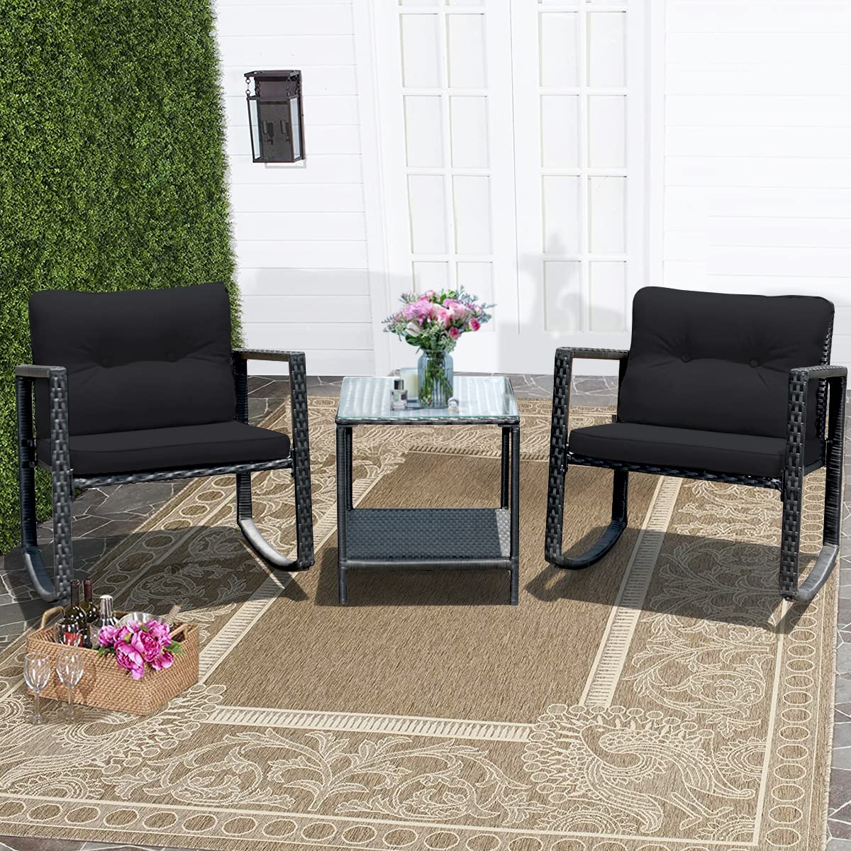 Giantex 3 PCS Garden Rocking Bistro Set PE Rattan Furniture Set with 2-tier Glass Table