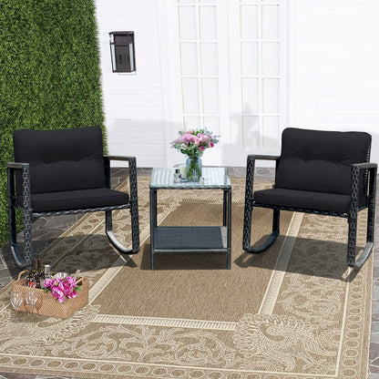 Giantex 3 PCS Garden Rocking Bistro Set PE Rattan Furniture Set with 2-tier Glass Table