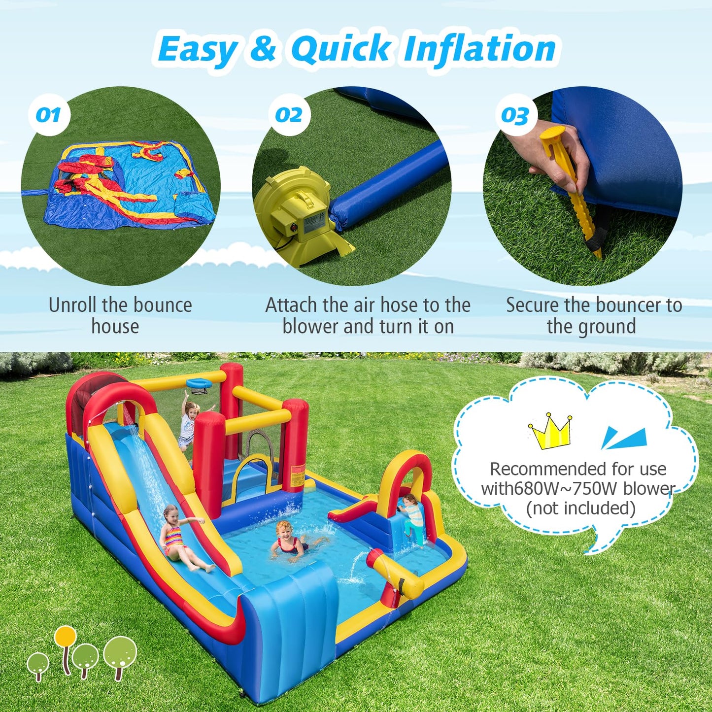 Inflatable Water Park, Kids Bouncy Castle with Double Slides, 2 Splash Pools