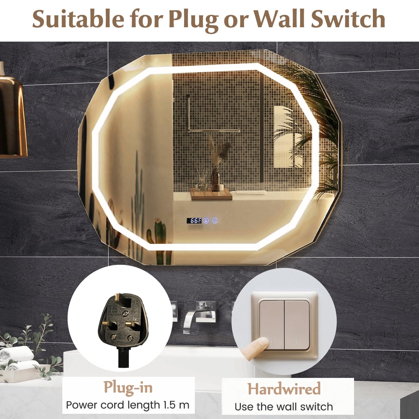 Anti-Fog Mirror LED Bathroom Mirror with 3 Color LED Light