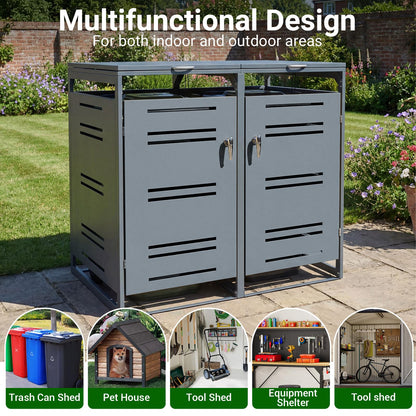 Outdoor Metal Garbage Bin Storage Shed for 2 Trash Cans