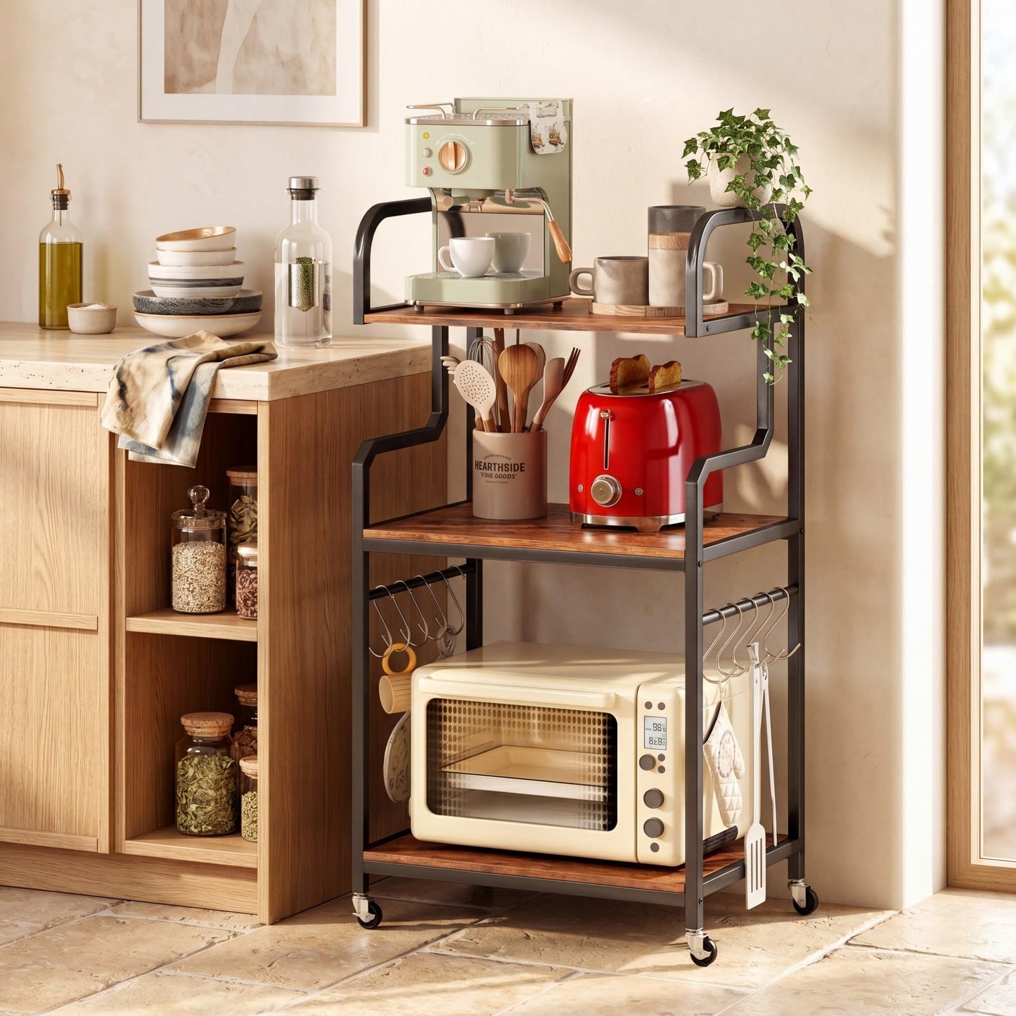 3-Tier Rolling Printer Stand with Storage Shelves and Hooks