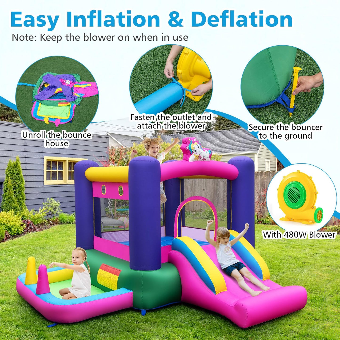 Kids Bouncy Castle, Inflatable Bounce House with Slide, Ball Pit