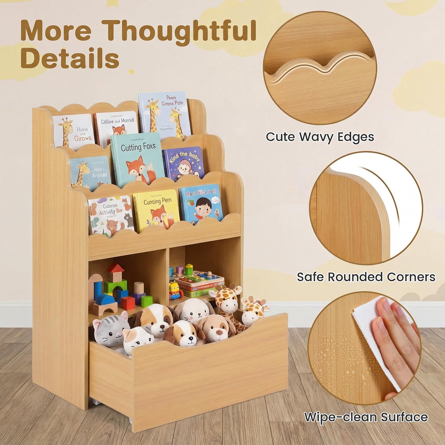5-Tier Kids Bookshelf with Shelves & Rolling Drawer for Nursery Playroom