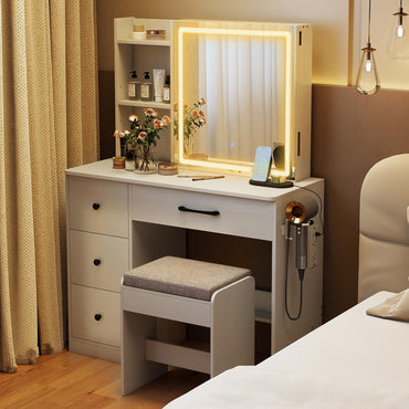 Makeup Table and Chair Set with 4 Drawers and Storage Shelves