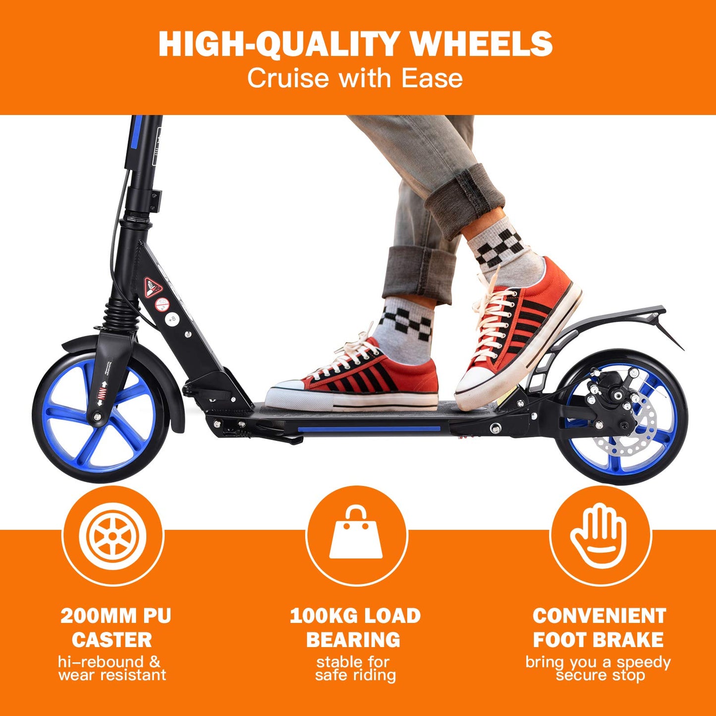 Folding Kick Scooter, 3 Heights Adjustable City Scooters with Big Wheels